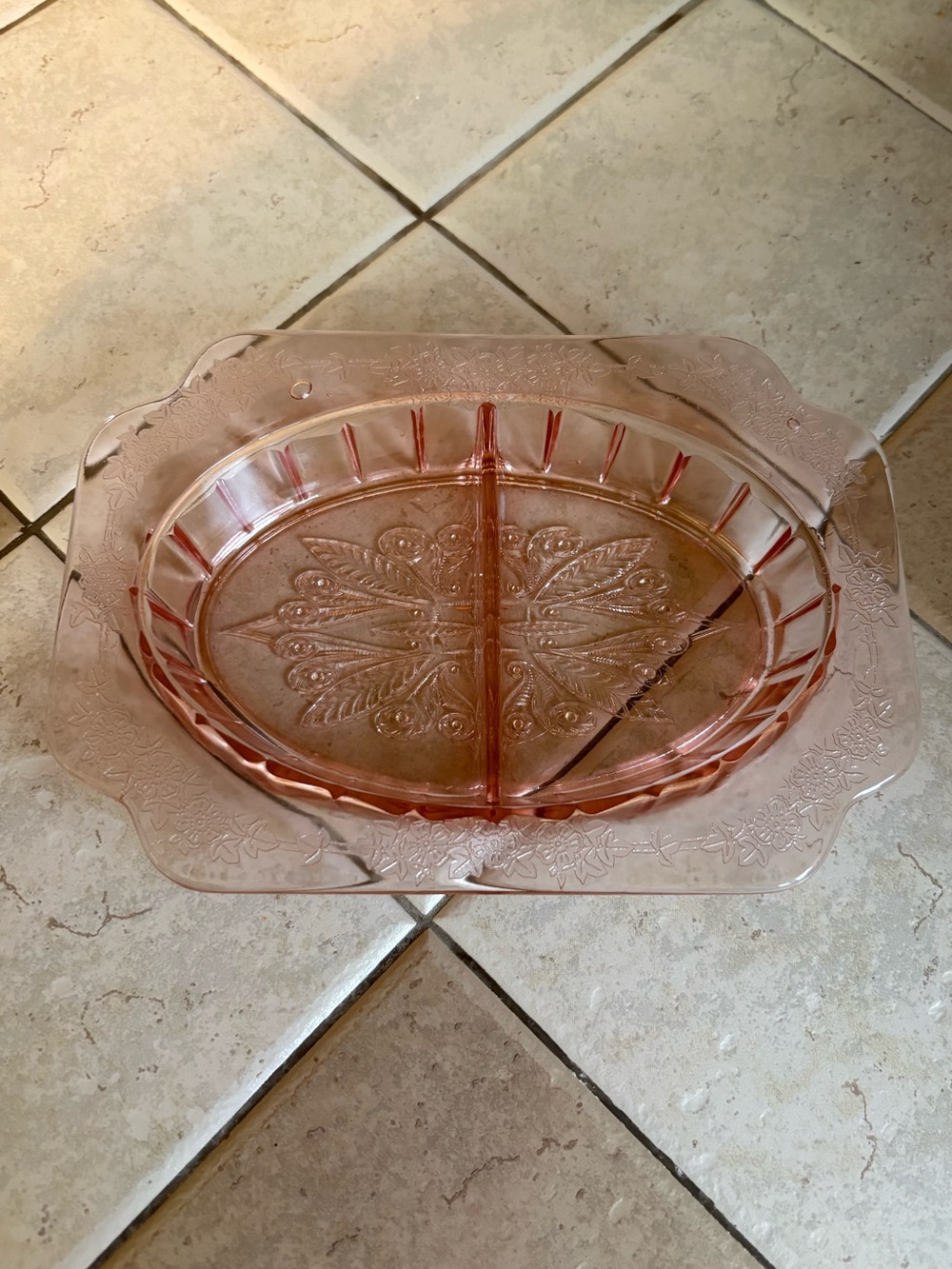 Antique Depression Glass Pink Adam Divided Relish Dish 8” Jeanette Glass Co
